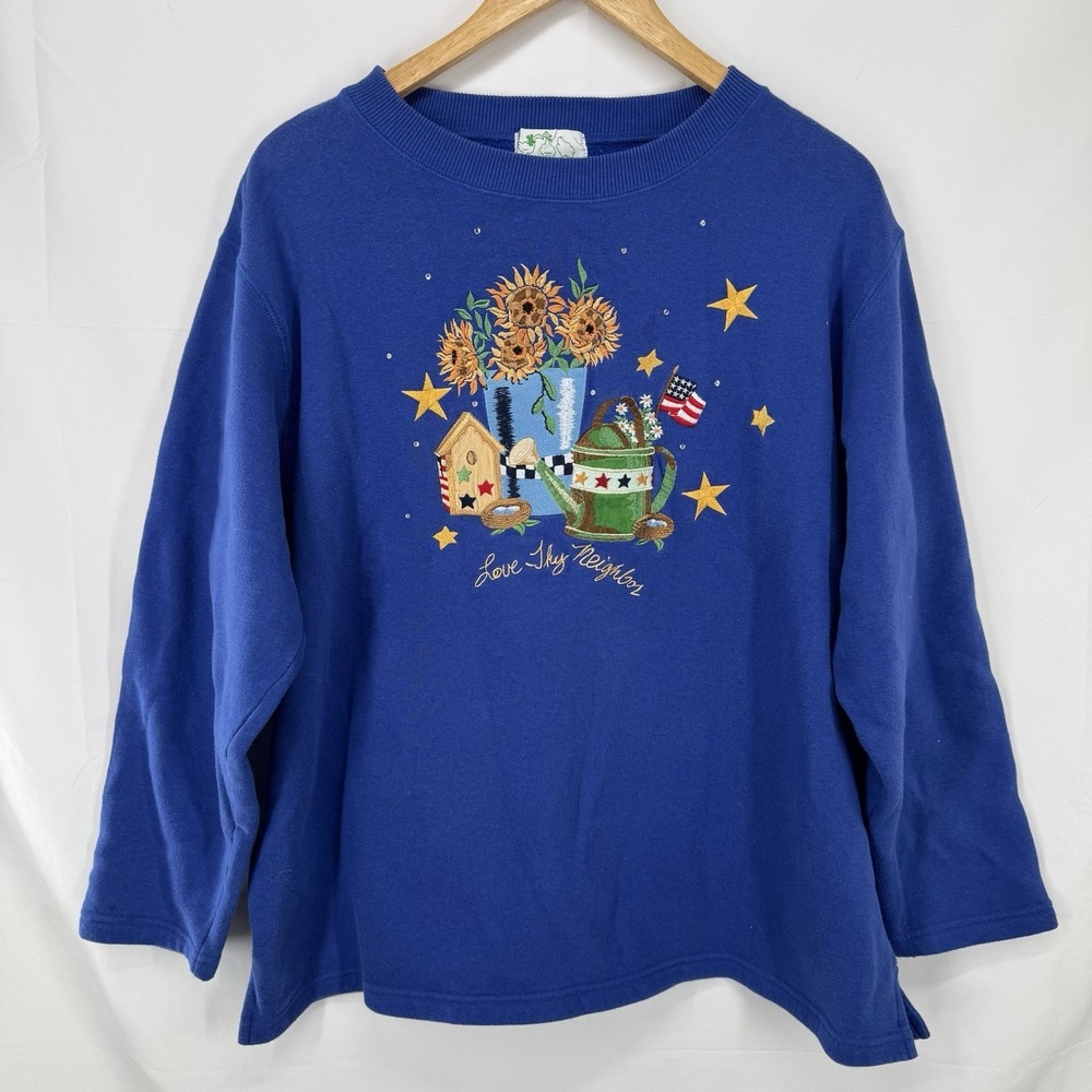 Vintage Quacker Factory Embroidered Sweatshirt XL Cottage Garden Americana